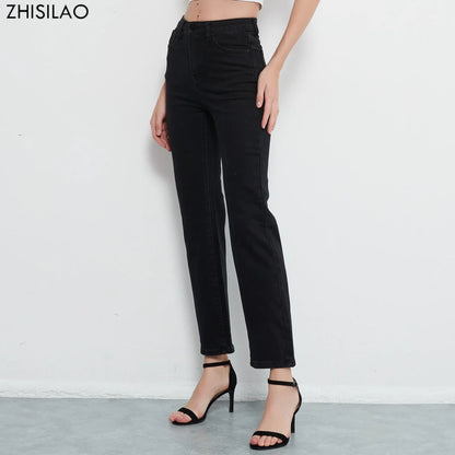 ZHISILAO New Straight High Waist Jeans Women Vintage Black Stretch Loose Long Denim Pants Streetwear Ladies trouser 2021