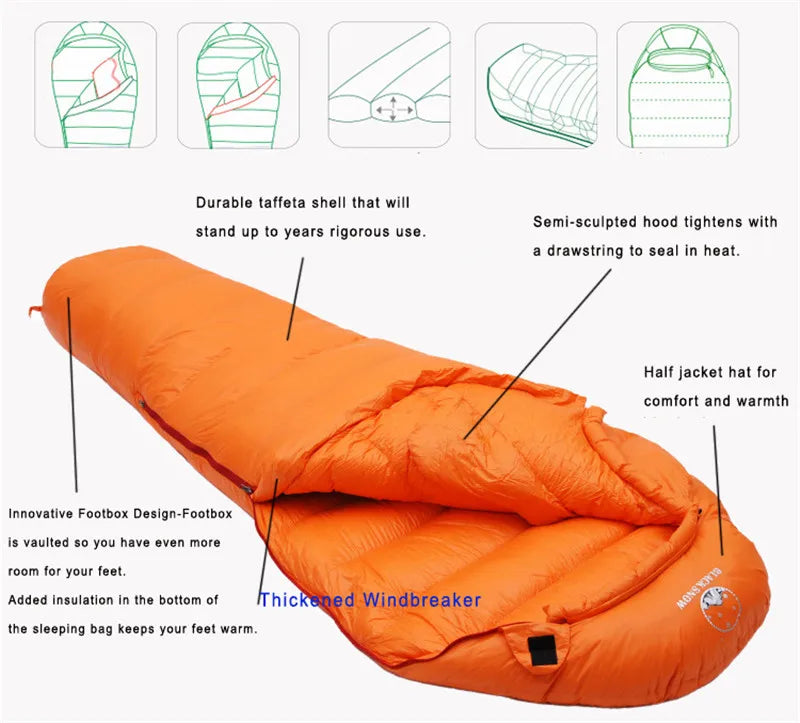 Black Snow Warm White Goose Down Filled Adults Mummy Style Sleeping Bags Fit for Winter Thermal 4 Kinds Thickness Camping Travel