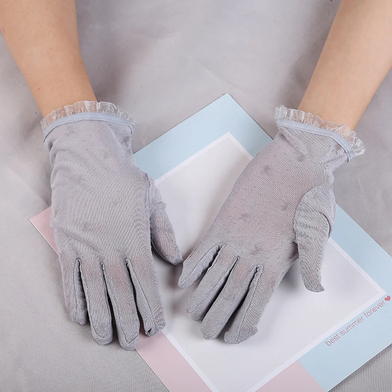Summer Women Short Sunscreen Thin Ice Silk Driving Black Full Finger Sexy Lace Gloves UV Elasticity Rabbit Lace Cycling Slip D82