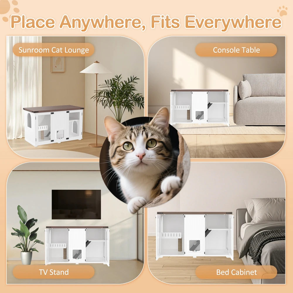 Grand bac à litière pour chat de 120 cm avec éclairage LED, meubles pour bac à litière dissimulés, maison pour chat avec escalier et griffoir