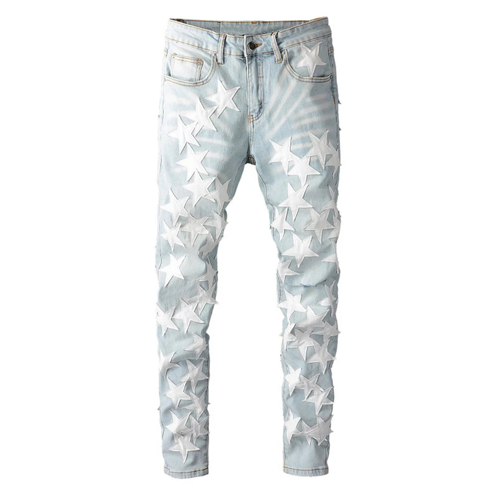 Men's Leather Stars Patches Design Jeans Streetwear Patchwork Ripped Stretch Denim Pants Slim Skinny Pencil Trousers