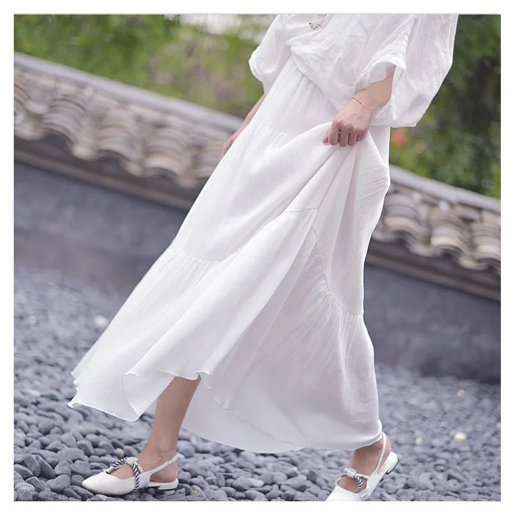 2025 Summer New Women White Long Skirt High Waist Stretch Cotton And Linen Skirts Saia Women A-Line Skirt Faldas Jupe Femme