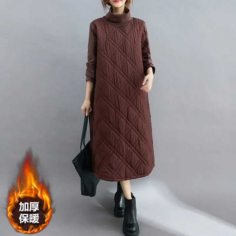 Retro Quilted Diamond Dress Thick Stitching Warm Autumn Winter Clothing New Women's High-Neck Casual Long Tunic y750