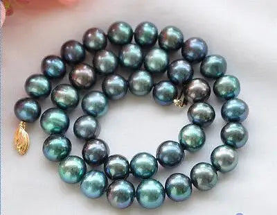 fine jewelry 17" 9-10mm natural round peacock black freshwater pearls necklace