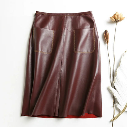 Stylish Women Genuine Leather Skirt Female Slit Pockets Sewing High Waist Jupe Mujer A-line Mid-Length Wine Red/Blue Chic Faldas