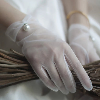 Bridal Gloves Wedding Gloves White Gauze Woman Gloves Thin Lace Ladies Fingered Gloves Pearl Wedding Gloves Accessories