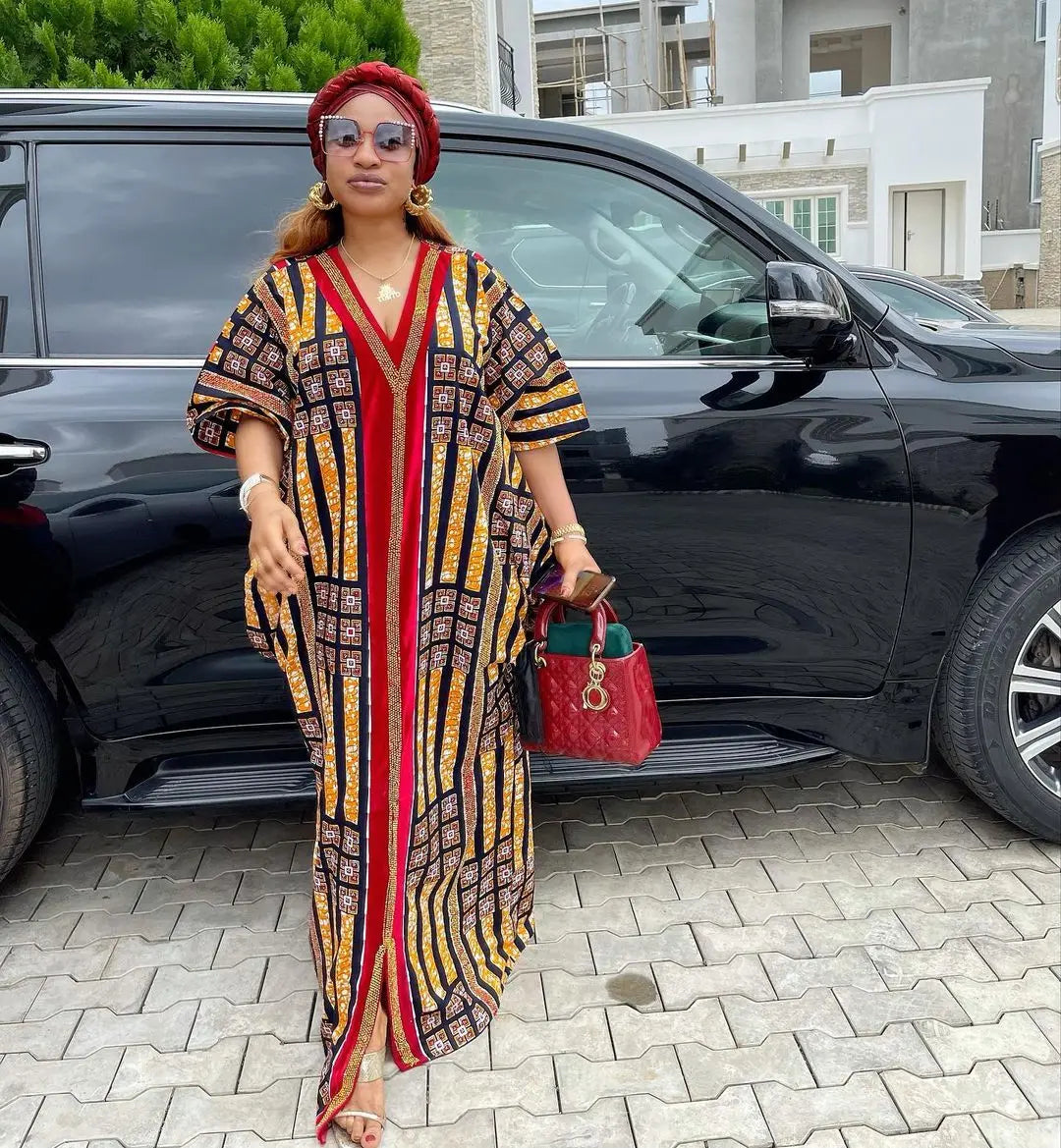 African moms fashion large-swing printed skirt luxury artificial stone decoration