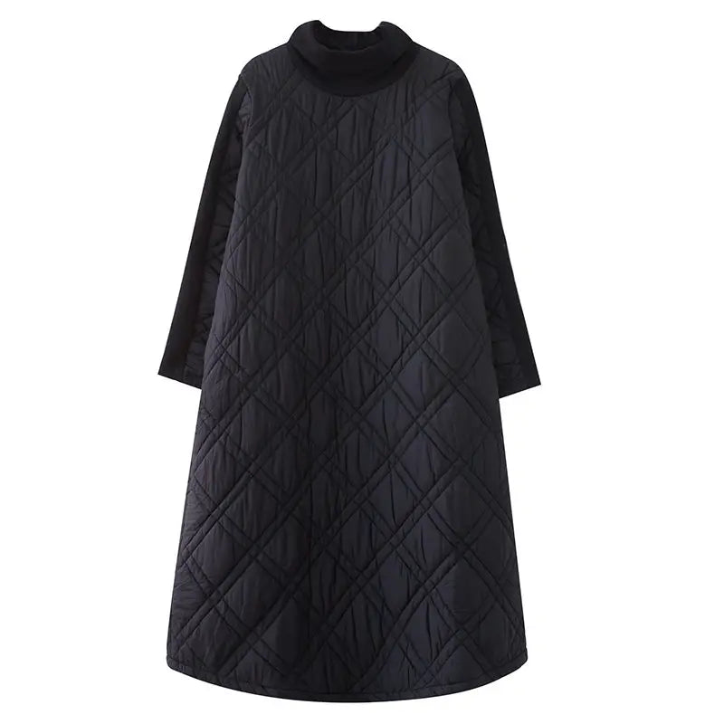 Retro Quilted Diamond Dress Thick Stitching Warm Autumn Winter Clothing New Women's High-Neck Casual Long Tunic y750
