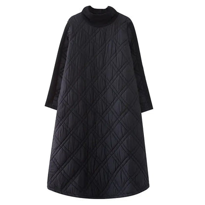 Retro Quilted Diamond Dress Thick Stitching Warm Autumn Winter Clothing New Women's High-Neck Casual Long Tunic y750
