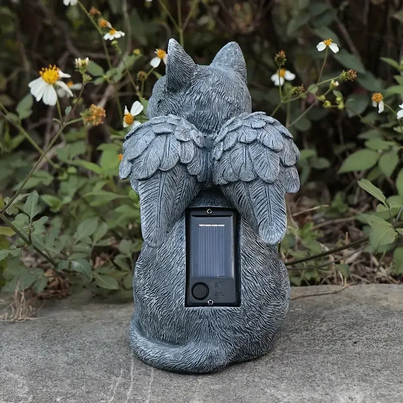 Pierre tombale artisanale en forme d'ange chat à énergie solaire - Statue commémorative extérieure en résine durable avec patine grise