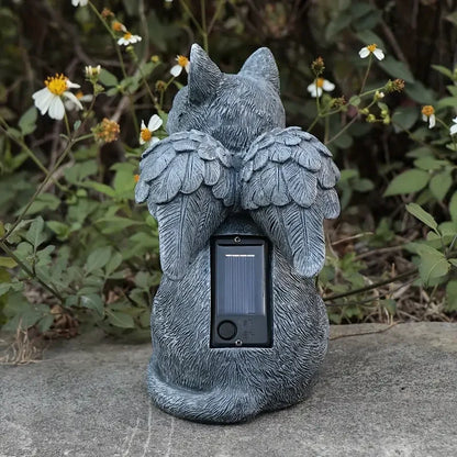 Pierre tombale artisanale en forme d'ange chat à énergie solaire - Statue commémorative extérieure en résine durable avec patine grise