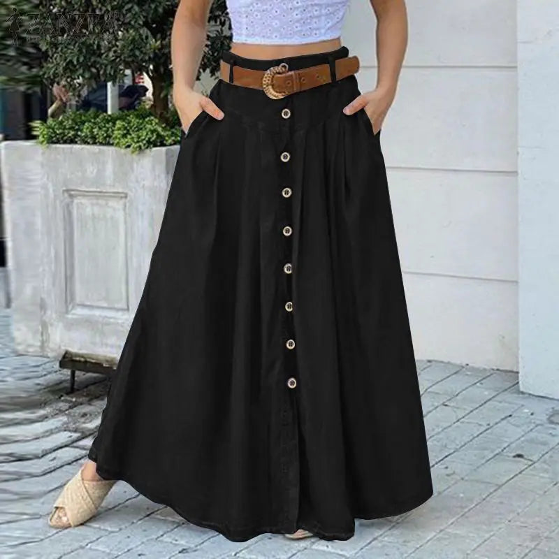 Stylish Women's Skirts Spring High Wasit Solid Long Skirt ZANZEA Casual Buttons Down Faldas Saia Elegant Party Skirts Jupe  7