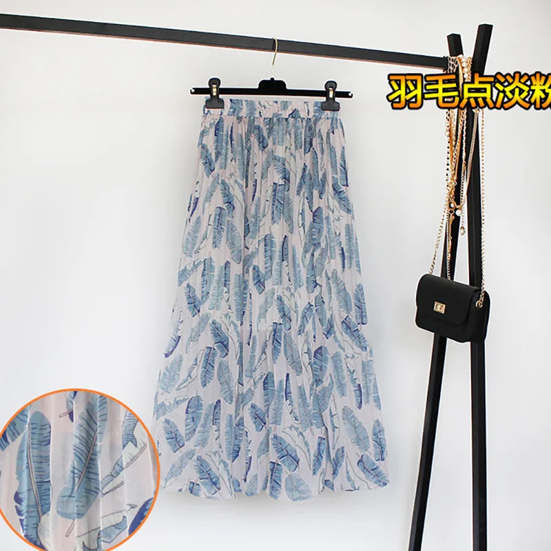 Women Summer Boho Chiffon Long Skirt Elegant Floral Print Pleated Skirts Elastic High Waist Casual Midi Skirt Women Clothes 2021