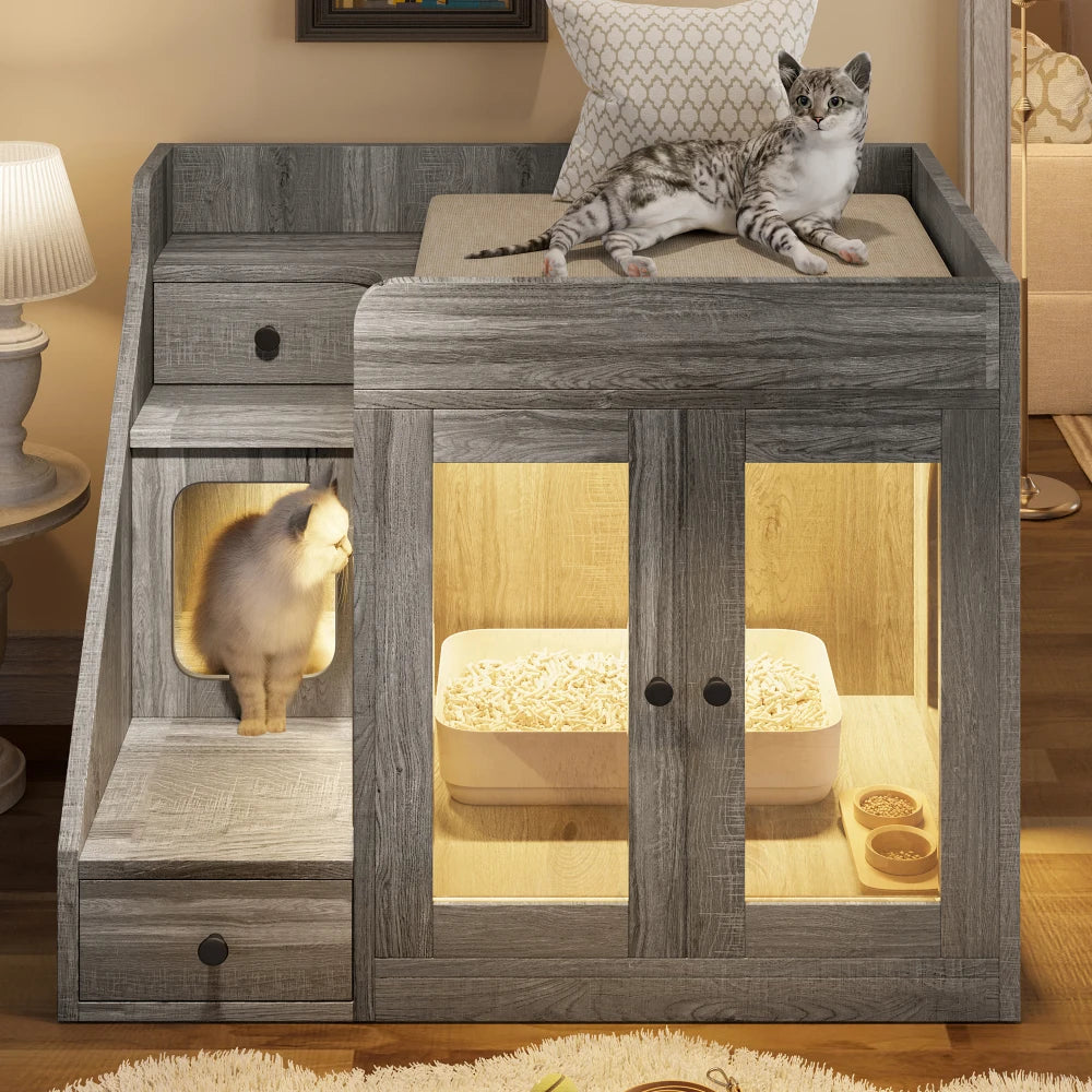 Grand bac à litière pour chat de 120 cm avec éclairage LED, meubles pour bac à litière dissimulés, maison pour chat avec escalier et griffoir