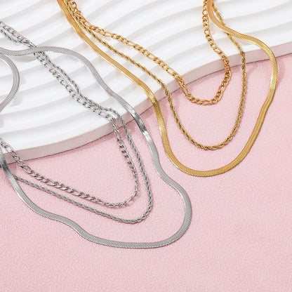 Joolim Jewelry Chaîne Figaro plaquée or, chaîne corde, chaîne serpent, collier trois rangs en acier inoxydable, vente en gros de bijoux