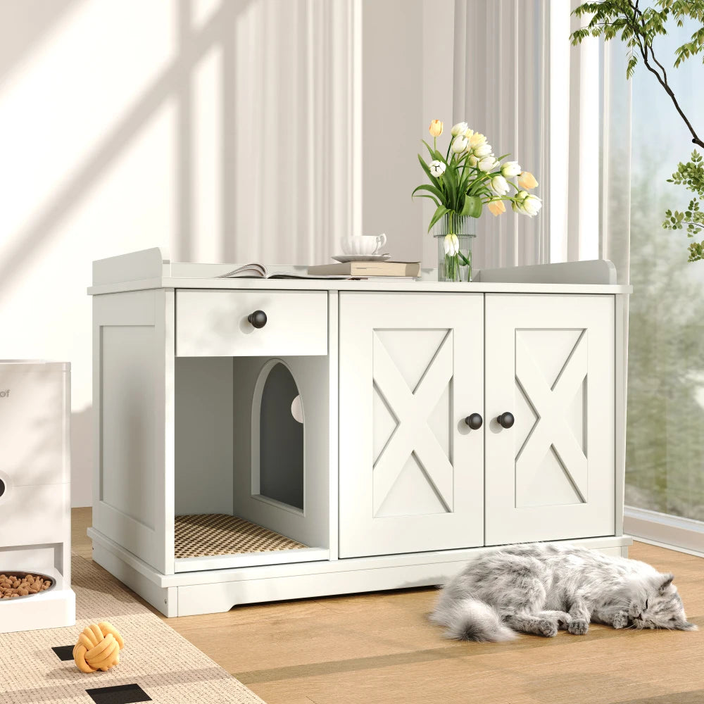 Grand bac à litière pour chat de 120 cm avec éclairage LED, meubles pour bac à litière dissimulés, maison pour chat avec escalier et griffoir