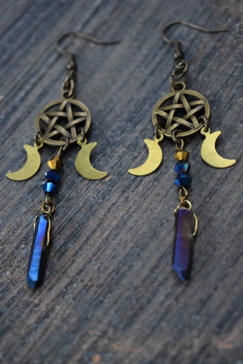 Pagan Moon Earrings,Moon Goddess Earrings,witch earrings, winter solstice, pentagram earrings,Celestial earrings