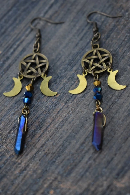 Pagan Moon Earrings,Moon Goddess Earrings,witch earrings, winter solstice, pentagram earrings,Celestial earrings