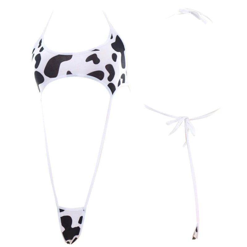 Women Cute Milk Cow Print Bikini Bodysuit Sexy Halter Backless Cutout Micro Jumpsuit Strappy Erotic Cosplay Lingerie Swimsuit