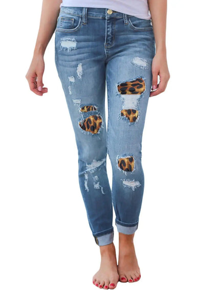 Hot sale women's ripped leopard print jeans Fashion stretch Skinny denim pencil pants Street casual hipster jeans S-2XL