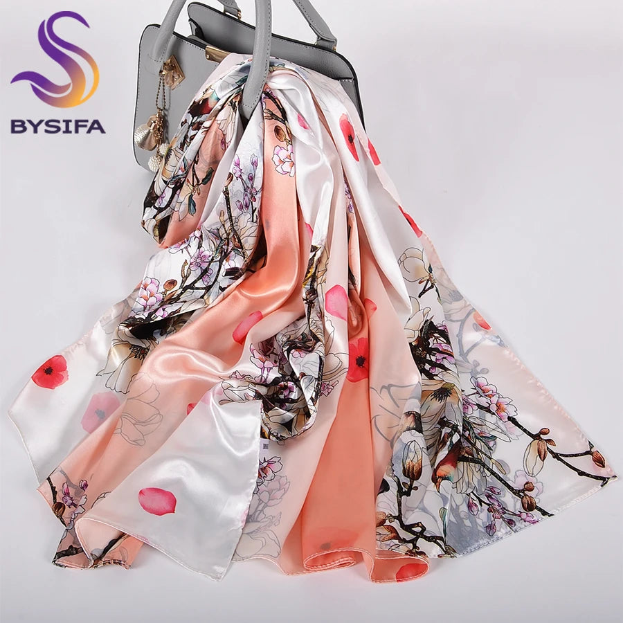 [BYSIFA]  Green Blue Ladies Satin Long Silk Scarf Shawl New Fashion Brand Scarves Printed Spring Fall Female Head Scarf 160*70cm