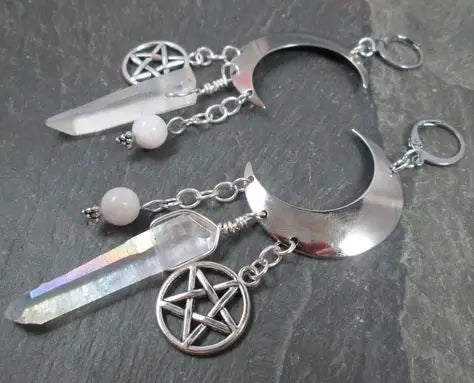 Pagan Moon Earrings,Moon Goddess Earrings,witch earrings, winter solstice, pentagram earrings,Celestial earrings