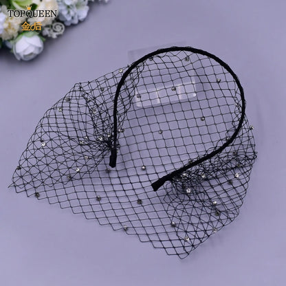 TOPQUEEN VA12 Wedding Birdcage Veil Bridal Blusher Veil White Headband Veil for Bridal Fascinators Black Face Net Mask Bachelore