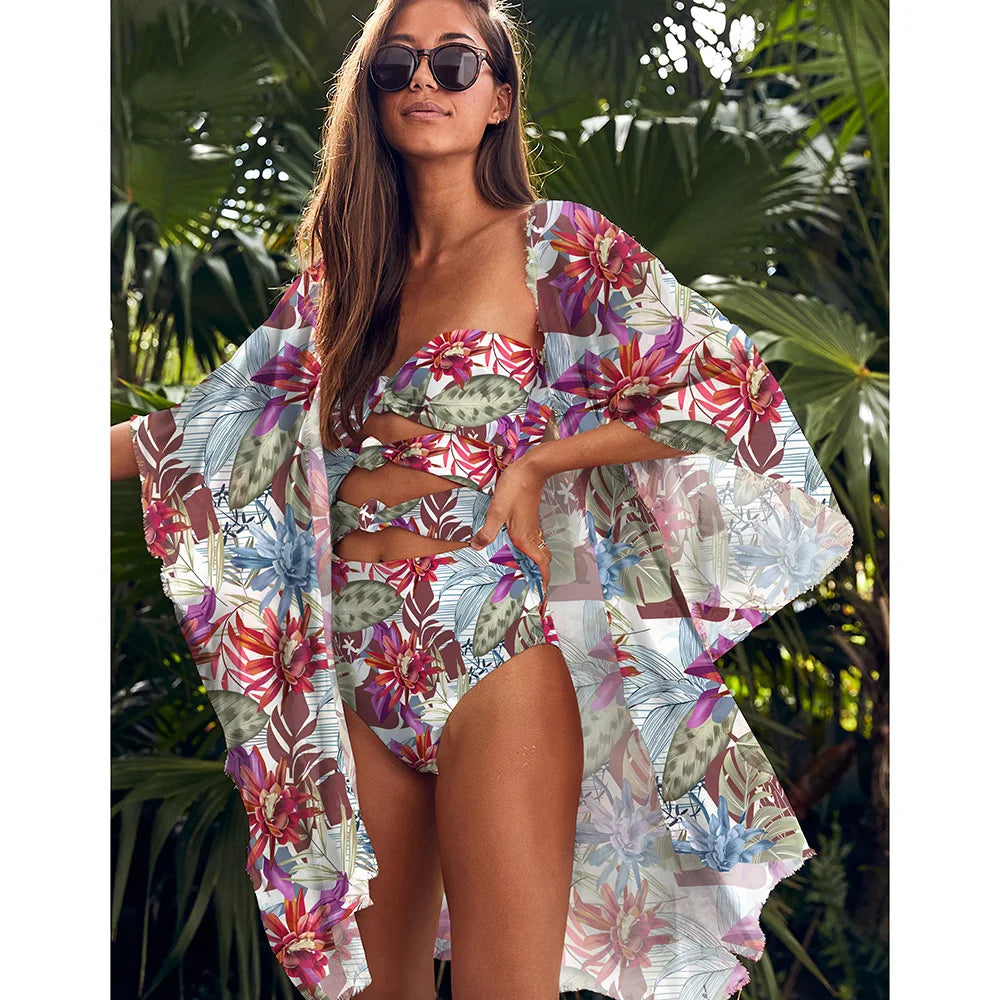 Beach Wear Print Bikini Swimwear Women Wrap Skirt Swimsuit High Waist 2025 Cover Up Sexy Sarong plage Beach Wear Bathing Suit