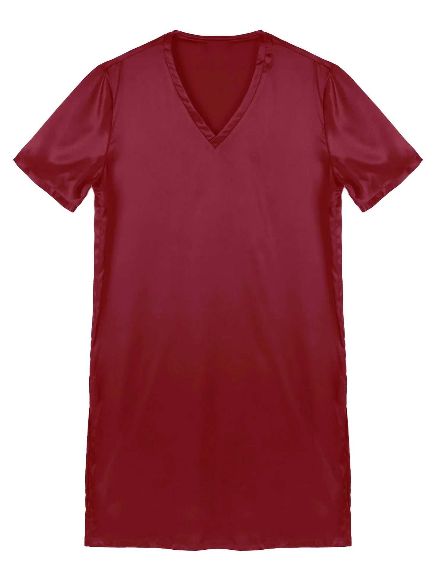 Mens Satin Sleepwear Tops Night Shirt Nightgown Pajamas Dress Short Sleeve Underwear Homewear Sides Split Sleep Tops Nightwear