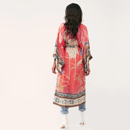 Floal Bikini Cover-ups Pink Boho Print Self Belted Front Open Long Kimono Dress Beach Tunic Women Swim Suit Cover Up