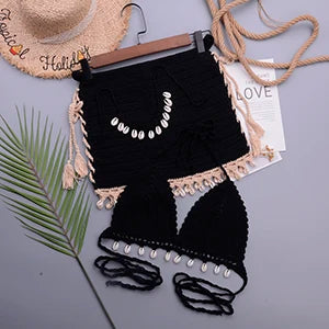 3pcs Bikini Set Woman Crochet Shell Tassel Bikini Top And Seashell Ankle Chain Sexy Beach Skirt Lace See Through Slim Mini Skirt