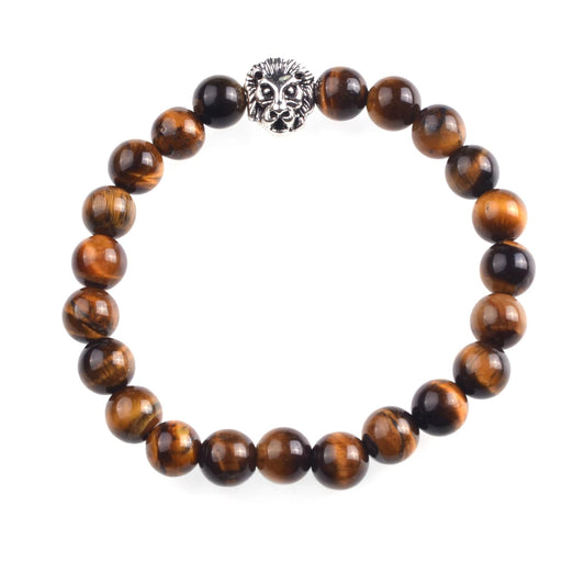 Silver Lion Head Gemstone Beads Stretch Bracelet for Women Men Handmade Crystal Beaded Elastic Healing Power Stone Jewelry