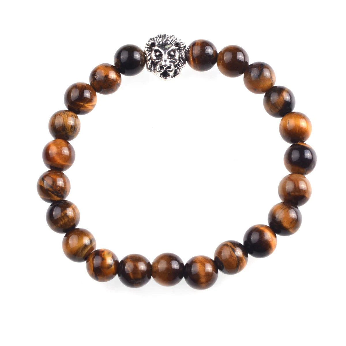 Silver Lion Head Gemstone Beads Stretch Bracelet for Women Men Handmade Crystal Beaded Elastic Healing Power Stone Jewelry