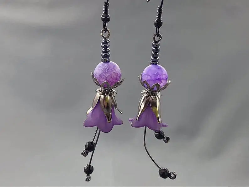 Gothic Purple Flower Earrings - Frosted Flower Bud Earrings - Agate Earrings