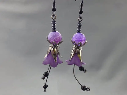 Gothic Purple Flower Earrings - Frosted Flower Bud Earrings - Agate Earrings