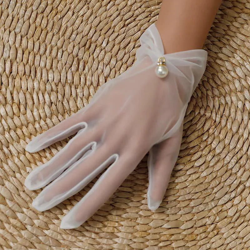 Bridal Gloves Wedding Gloves White Gauze Woman Gloves Thin Lace Ladies Fingered Gloves Pearl Wedding Gloves Accessories