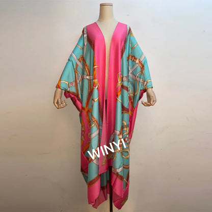 2021 WINYI new Cotton Bikini Sweet Lady Pink Boho Print Self Belted Front Open Long Kimono Dress Beach Tunic Women Wrap Dresses