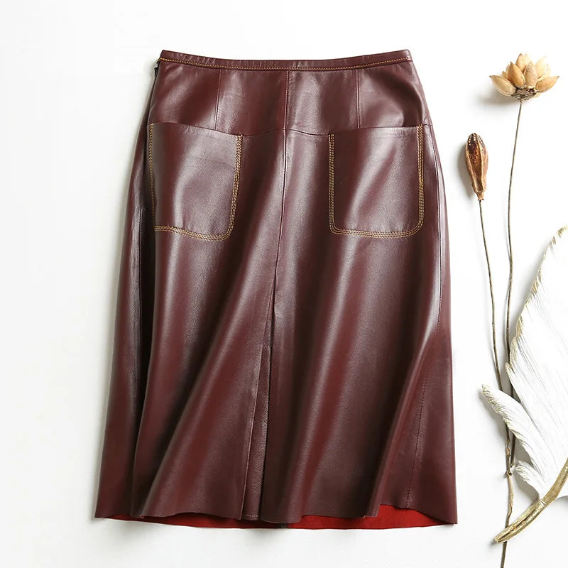 Stylish Women Genuine Leather Skirt Female Slit Pockets Sewing High Waist Jupe Mujer A-line Mid-Length Wine Red/Blue Chic Faldas