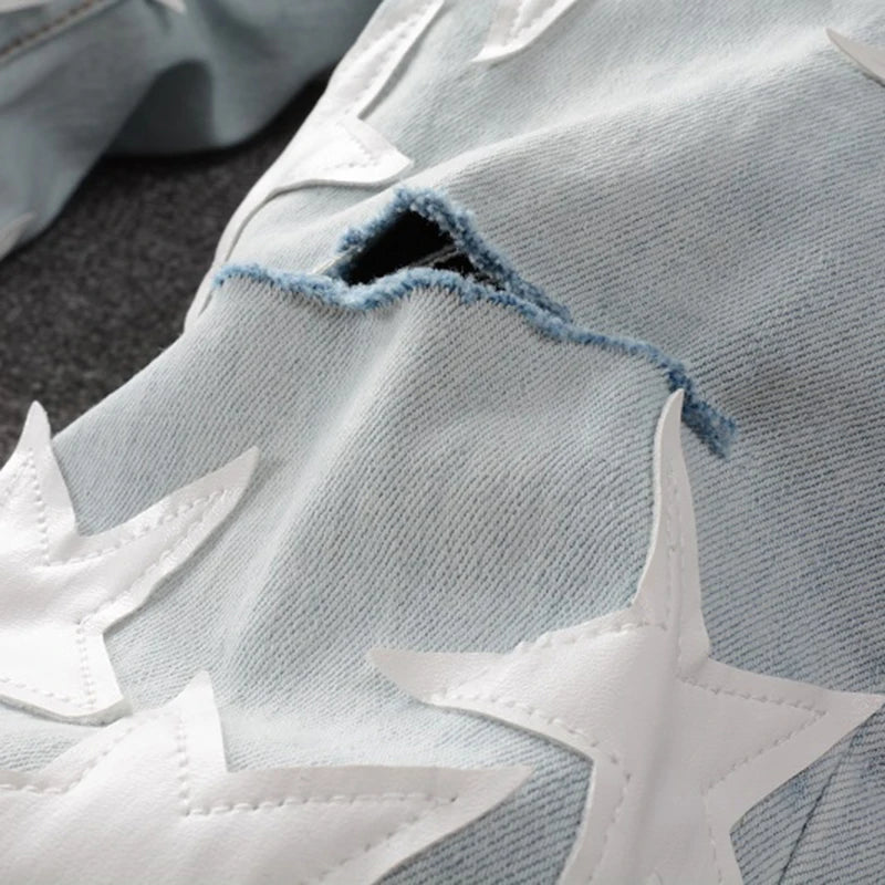 Men's Leather Stars Patches Design Jeans Streetwear Patchwork Ripped Stretch Denim Pants Slim Skinny Pencil Trousers