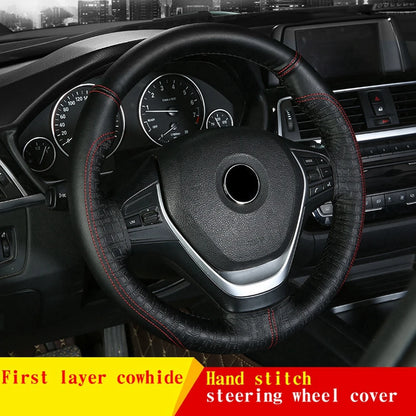 Steering Wheel Cover Non-slip Breathable Cover On Wrap Cowhide Leather Handmade Universal Accessories  With Needle/Thread Kit