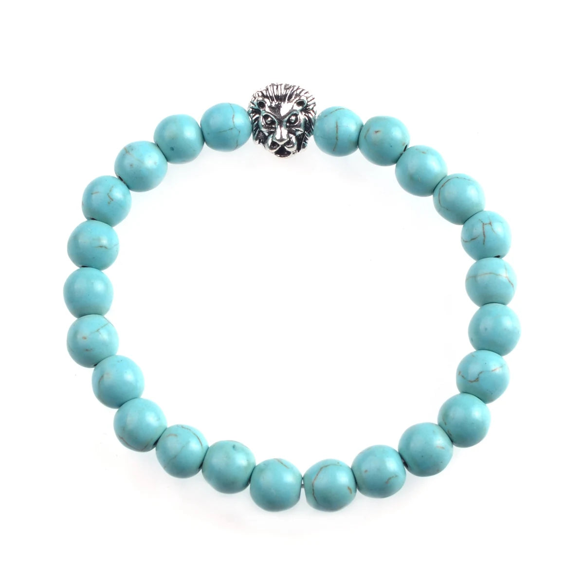 Silver Lion Head Gemstone Beads Stretch Bracelet for Women Men Handmade Crystal Beaded Elastic Healing Power Stone Jewelry