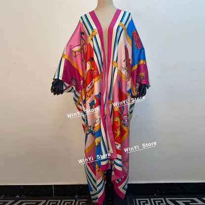 2021 WINYI new Cotton Bikini Sweet Lady Pink Boho Print Self Belted Front Open Long Kimono Dress Beach Tunic Women Wrap Dresses