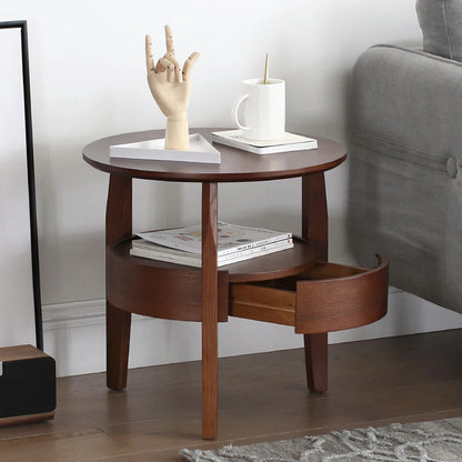 Living Room Small Round Wooden Table with Drawer,Simple Sofa Side Table, Coffee Tea Table