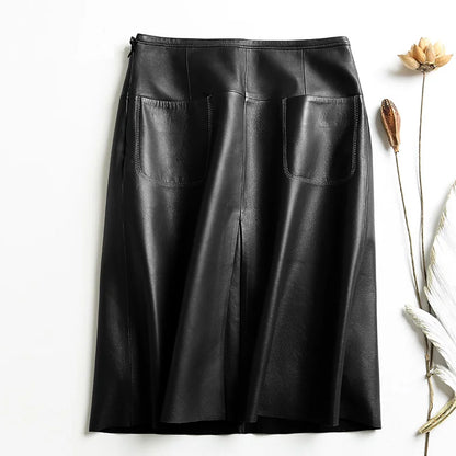 Stylish Women Genuine Leather Skirt Female Slit Pockets Sewing High Waist Jupe Mujer A-line Mid-Length Wine Red/Blue Chic Faldas