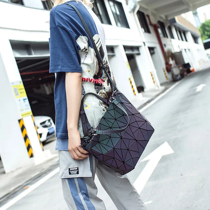 Luminous Reflective Bag Geometric Tote Folding Shoulder Bags for Women 2024 Plain Folding Handbags Sac a Main Female Bolsas