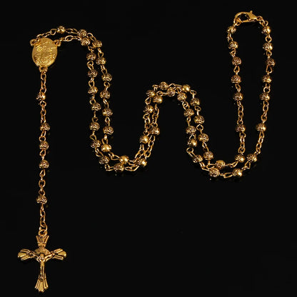 4mm stainless steel bead necklace, vintage gold rosary small necklace, female necklace Jesus cross necklace.