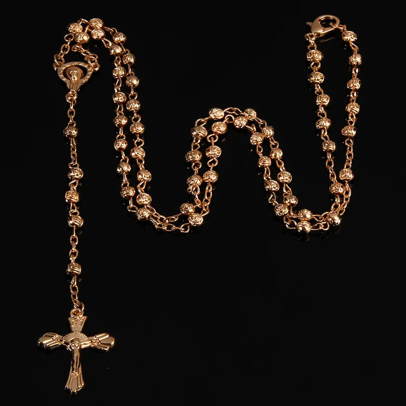 4mm stainless steel bead necklace, vintage gold rosary small necklace, female necklace Jesus cross necklace.