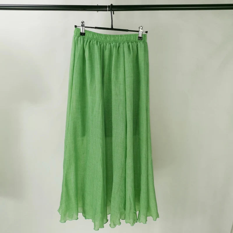 Women's Elegant 16 Color High Waist Elastic Waist Linen Pleated Long Skirts Ladies Slim Casual Skirt Saias New 2024 Summer SK05