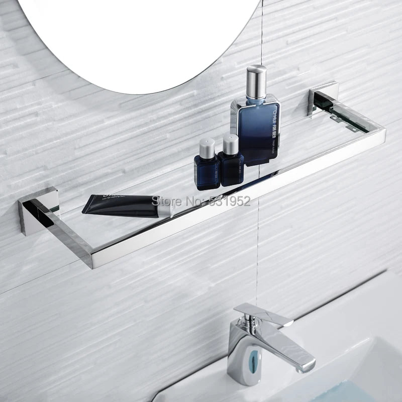 Bathroom Wall Shelf with Rectangle Tempered Glass Stainless Steel Wall Mount Glass Square Shelves Kitchen Organizer Rack Black