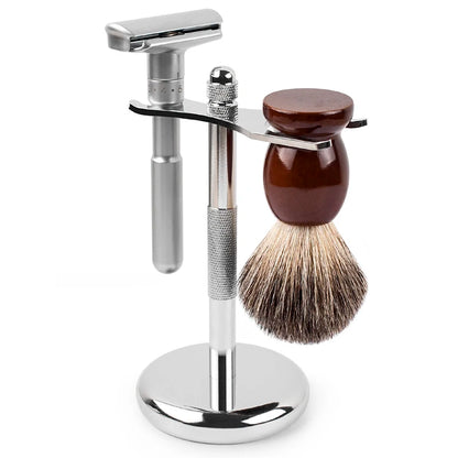 Qshave  Classic Safety Razor With 100% Pure Badger Hair Shaving Brush With Stand Holder for Double Edge Razor